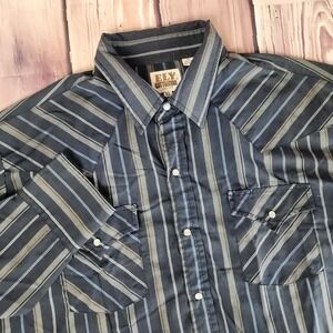 Vintage Ely Cattleman Pearl Snap Brushed Shirt‎ XL Blue Gray Stripe Western Wear